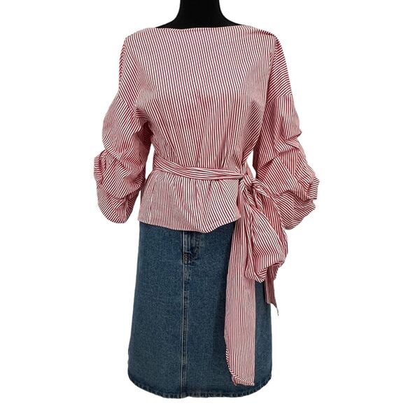 Zara Red & White‎ Striped Puff Sleeve Wrap Career Workwear Business Blouse Med - Picture 2 of 7